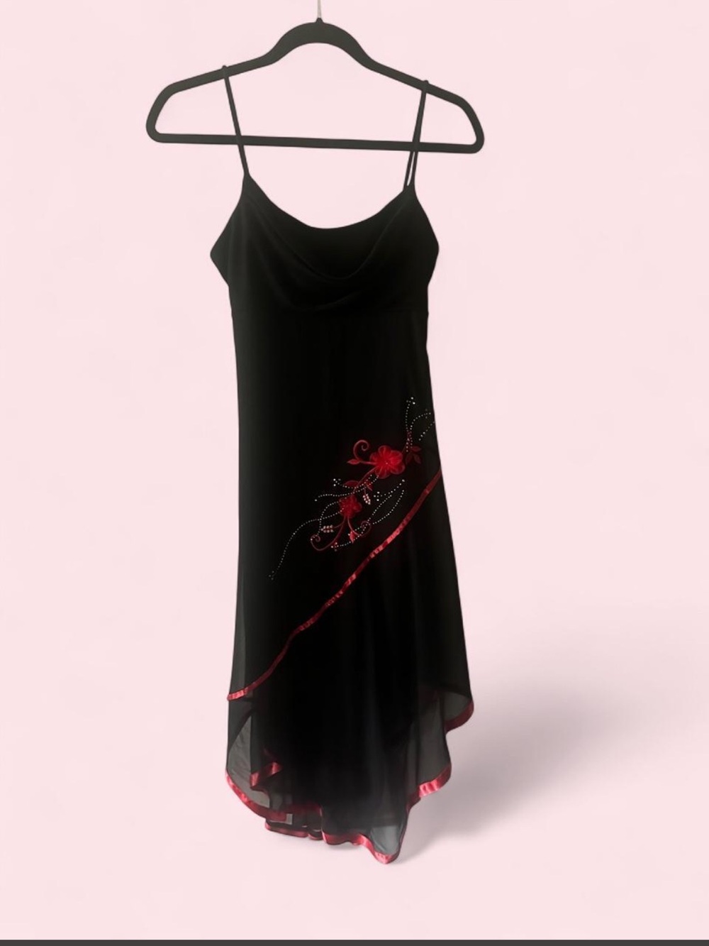 Taboo Black Slip Dress with Embroidered Red Floral Detail